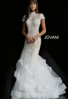Ivory Short Sleeve High Neck Embellished Wedding Gown 64139