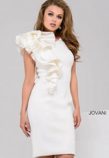 Ivory Fitted Scuba Short Dress with Ruffle 48053