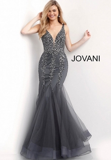 Charcoal Plunging Neckline Beaded Mermaid Prom Dress 63700