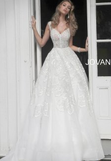 Off White Embellished V Neck Wedding Dress JB65936