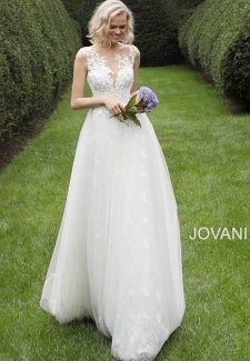 Off White Sleeveless Embroidered Bodice Wedding Dress JB68167