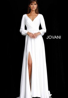 Off White Long Sleeve V Neck Bridal Dress JB68162