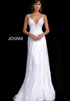 Off White Plunging Neckline Embroidered Wedding Dress JB65931