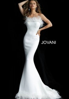 White Feather Neckline Strapless Mermaid Wedding Dress 63891