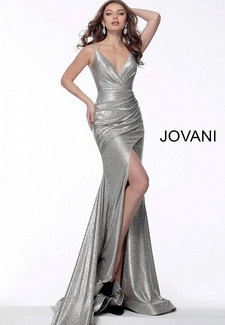 Silver V Neck Front Slit Metallic Prom Dress 67977