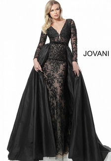 Black Plunging Neckline Long Sleeve Evening Gown 67466