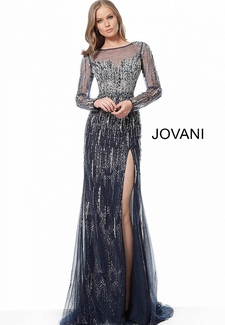 Navy Long Sleeves Embellished Evening Gown 51548