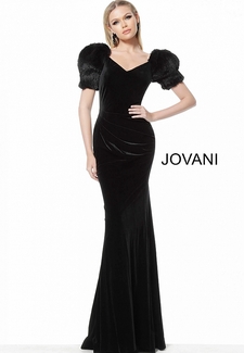 Black Fur Sleeves Velvet Fitted Evening Dress 61726